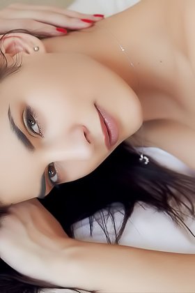 Brunette exposes her gorgeous slit while laying on a big white bed Videos